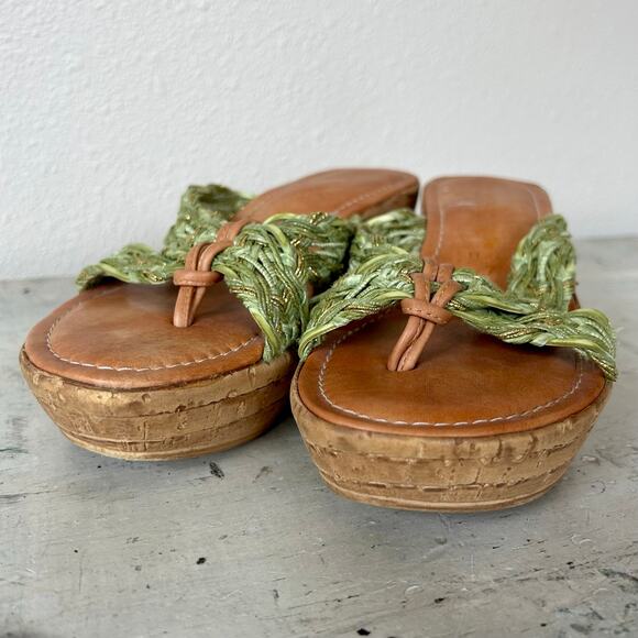 Toscanella leather and fabric platform cork flip flops made in Italy boho sage 7 - Picture 6 of 13